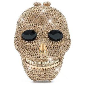 NWT Sparkling Bling Crystal Rhinestone Skull Clutch Purse Silver Gold +G…